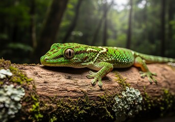 Close-Up of Green Gecko Resting on Mossy Log in Tropical Forest