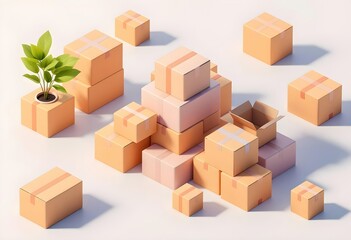 Isometric Stacked Packaging Boxes with Open Box and Potted Plant
