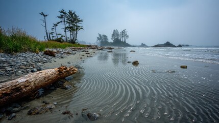 Misty beach scene with driftwood and ripples