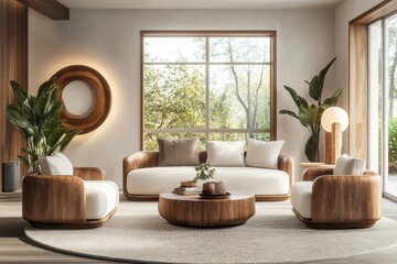 Fototapeta premium Modern Scandinavian living room featuring minimalist furniture and clean lines. 3D rendering, Generative AI