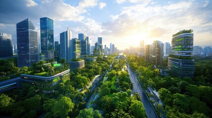 Obraz premium Aerial view of futuristic city with green roofs and skyscrapers