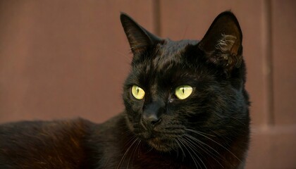 Close-up of a black cat with bright yellow eyes, looking to its left, against a blurred brown background