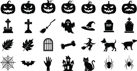 Halloween icons, spooky symbols, jack-o'-lantern faces, haunted house, ghost, witch, spider, bat, gravestone, broomstick, cat, bone, RIP design