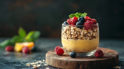 A healthy breakfast of overnight oats on a wooden chopping board