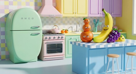 Brightly colored retro kitchen and playful proportions, pastel color palette, whimsical 3D rendering, 