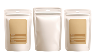 Three beige resealable food pouches