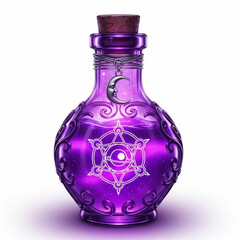 An ornate bottle of magical purple potion with a cosmic liquid, featuring a mystical sigil and a silver crescent moon charm.