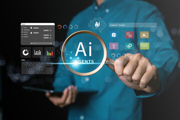 Businessman holding magnifying glass focusing on Al agent interface, AI agents technology concept, data analytics, automation, and innovation for business solutions and digital transformation.