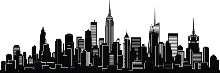 Silhouette of New York City skyline, Empire State Building, skyscrapers, urban architecture, iconic view, black shapes, isolated, white background