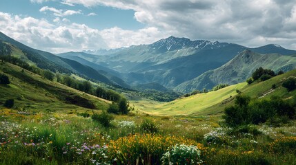 Fototapeta premium Explore mountain valley landscape with wildflowers and green hills for hiking and outdoor adventure trips