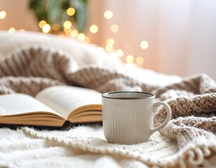 Cozy bedroom scene with book, tea, and warm knit blanket