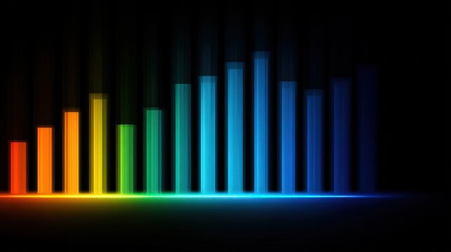 Colorful equalizer bars on dark background, representing data visualization and analysis - Powered by Adobe