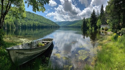 Obraz premium Tranquil lake scene with a weathered boat on the shore.