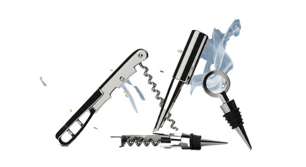Various elegant wine tools, including a classic corkscrew, a modern lever opener, and a sleek bottle stopper, are artfully arranged with subtle smoke.
