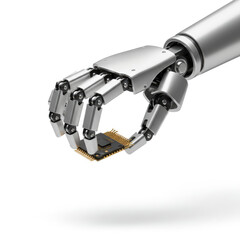 3d Render Of A Robot Hand Holding A Microchip, White Background