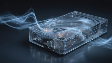 Transparent hard drive with data streams flowing inside, minimal background 