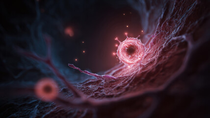 Nanobot navigating human bloodstream, glowing microscopic view