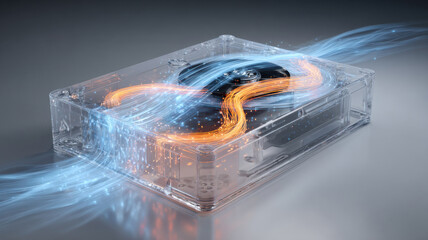 Transparent hard drive with data streams flowing inside
