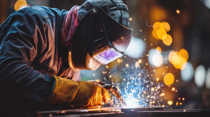 Welder adjusting mask before torch work
