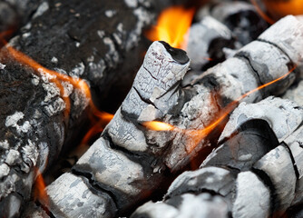 A pile of wood with a lot of ash and charred wood