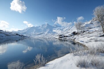 Winter landscape with snow-covered mountains and lake