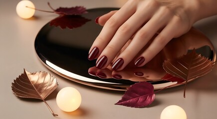 Autumnal manicure on reflective plate, Burgundy nail polish with fall decor, Elegant hands and autumn leaves, Seasonal nail art, Cozy fall beauty

