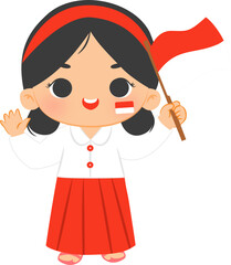 Illustration of Girl Holding Indonesian Flag	
