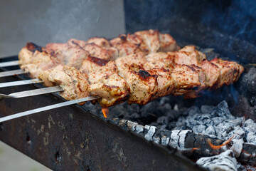 A skewer of meat is being cooked on a grill