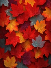 Vibrant autumn leaves, dew-kissed, densely packed