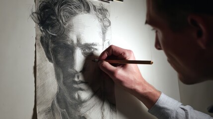 Obraz premium Detailed charcoal portrait drawing of a man's face.