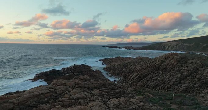 4k Aerial views of rugged rocky coastline in South West Australia at sunset