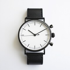 Minimalist black leather watch with white face