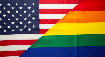 A close up shot of the american flag and the rainbow pride flag positioned side by side in a studio