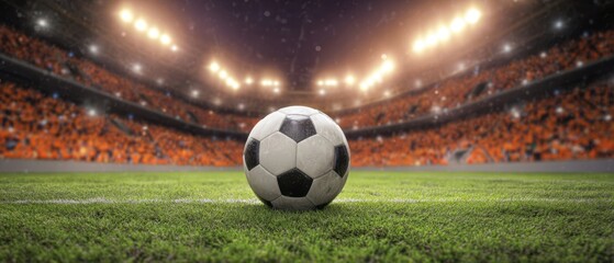The soccer ball ready for action in a vibrant stadium atmosphere