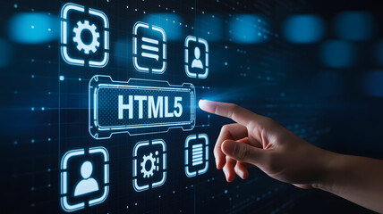 Modern finger presses HTML5 button on futuristic digital interface screen