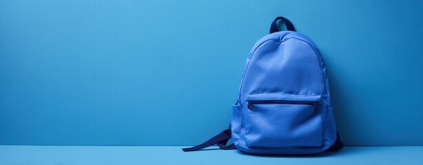The blue backpack positioned against a vibrant blue background.