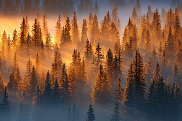 Obraz premium Golden sunbeams through a misty pine forest