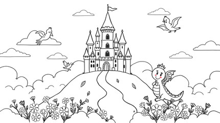 Naklejka premium Whimsical cartoon fantasy castle on a hilltop with a winding path, flying birds, and a friendly dragon, outline.