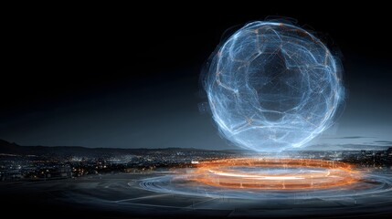 Floating sphere over a nighttime city.