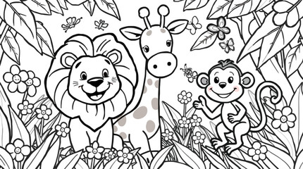 Happy Baby Lion, Cute Giraffe, and Playful Monkey Standing Together in a Lush Jungle with Flowers and Butterflies.