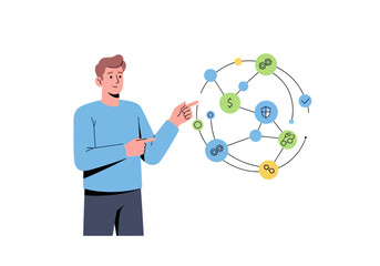 Man points to network of interconnected icons in design. Suitable for technology presentations, communication concepts, and digital marketing materials.