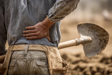 A construction worker's back shown in close-up as they pause