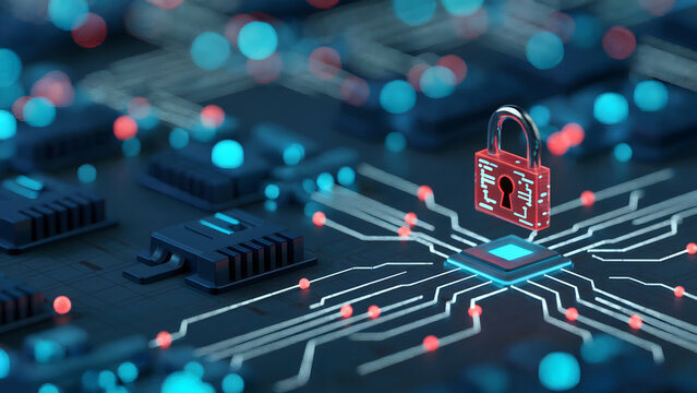 Secure your digital world with this advanced cyber security concept featuring a glowing padlock protecting a central processor on a circuit board