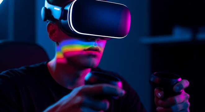 Man wearing VR headset with controllers illuminated by neon light in the dark, concept for gaming experience, virtual reality exploration and futuristic entertainment