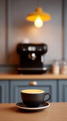 Artisanal Coffee Corner: A meticulously composed close-up showcases a perfect cup of expertly crafted coffee, accompanied by the inviting warmth of a home kitchen atmosphere.