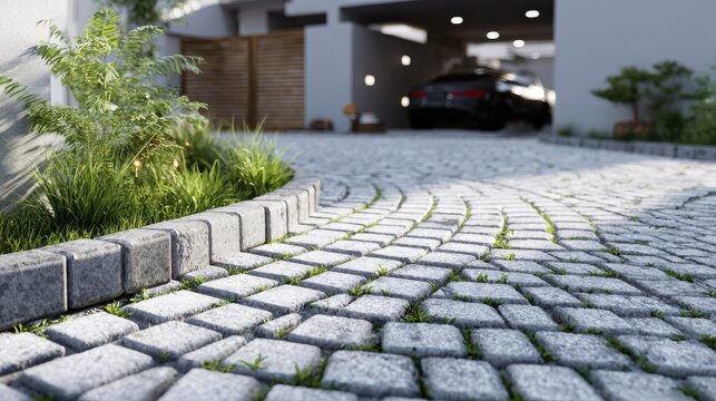 Gray stone pavers with curb edging.