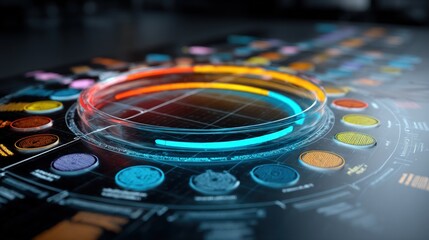 Futuristic interface with circular elements displaying data and information, technology