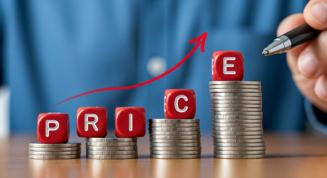 Price increase concept showing red dice spelling price on stacks of coins with rising arrow and pen