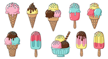 Delicious Assortment of Ice Cream Cones, Popsicles, and Frozen Treats with Sprinkles