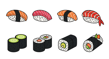 Assortment of Japanese Sushi and Rolls, Vector Icons with Bold Outlines and Vibrant Colors